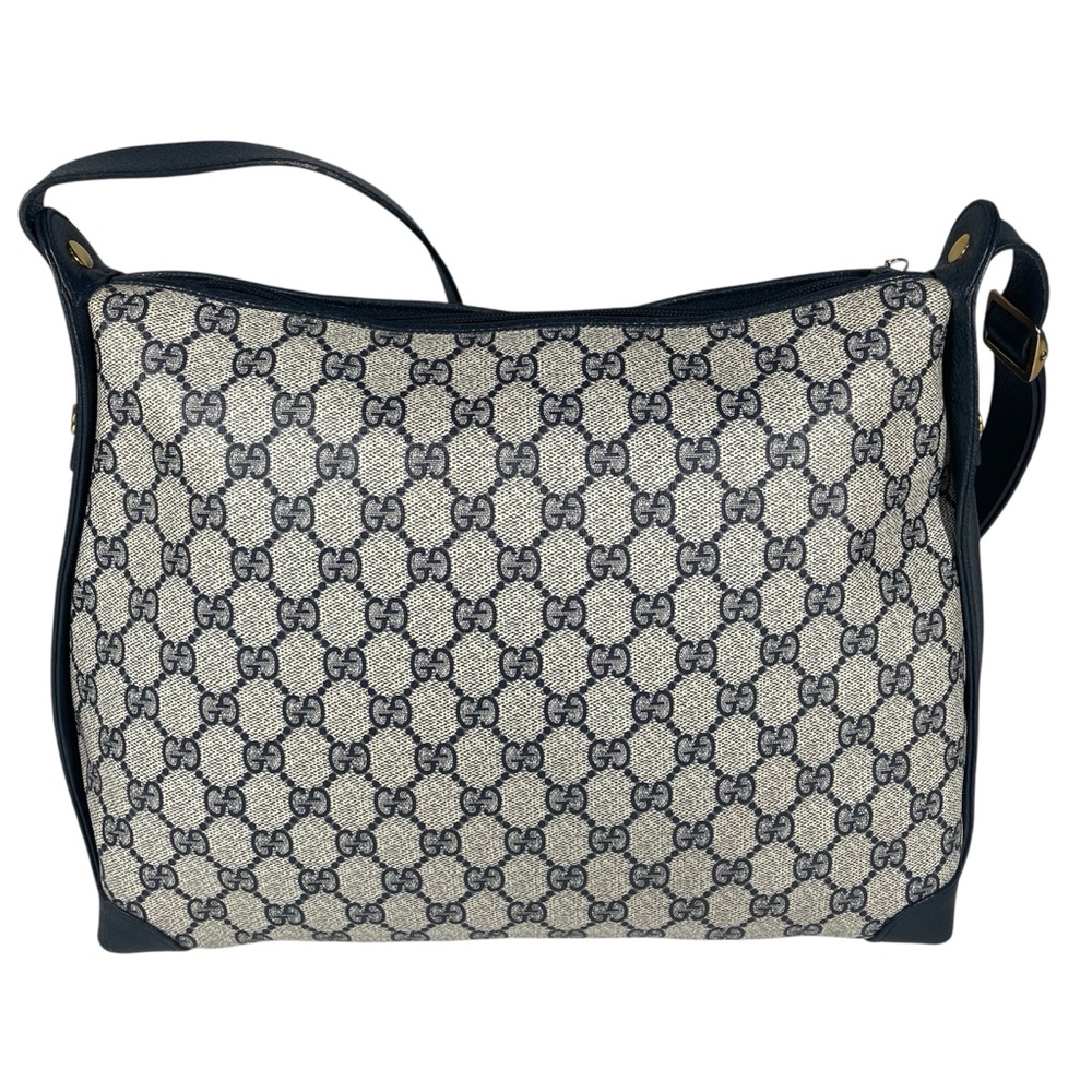 Vintage 1980’s Gucci GG Canvas Purse Handbag Bag Navy Blue Leather Trim Lining - Picture 6 of 16